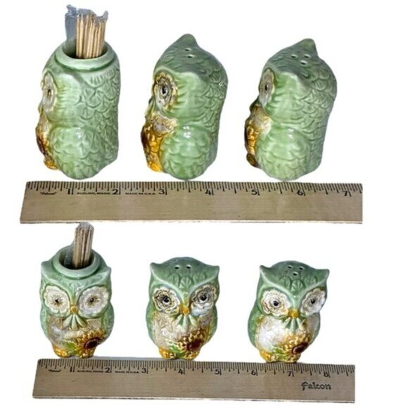Owl Ceramic Kitchen Set Functional Hand Painted Art Green Yellow Sunflower 4 PC - Picture 7 of 15